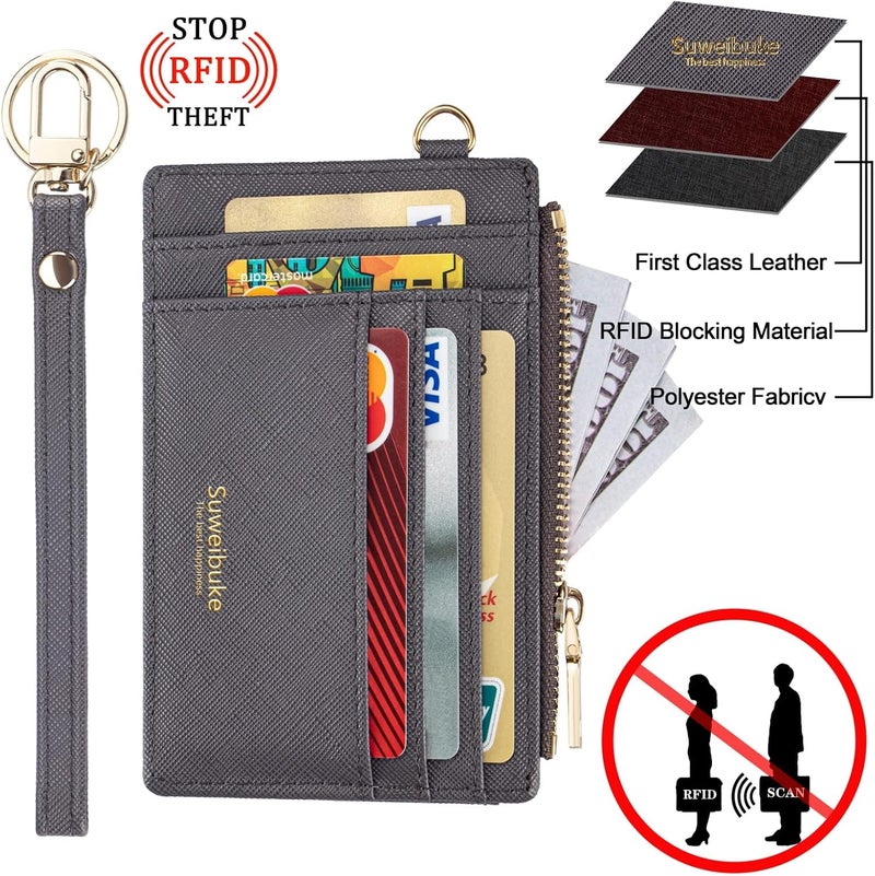 Wikavanli Women Slim Rfid Blocking Credit Card Case Holder Wristlet Zip ID Case Wallet Small Compact Leather Wallet Coin Purse with Keychain (Gray a) - Image 4